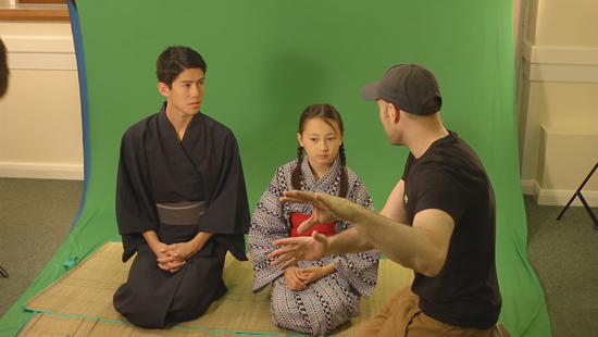 Dominic with Henry Wu, who plays the older Makoto and Debbie-Mai Gordon, who plays the older Kayano